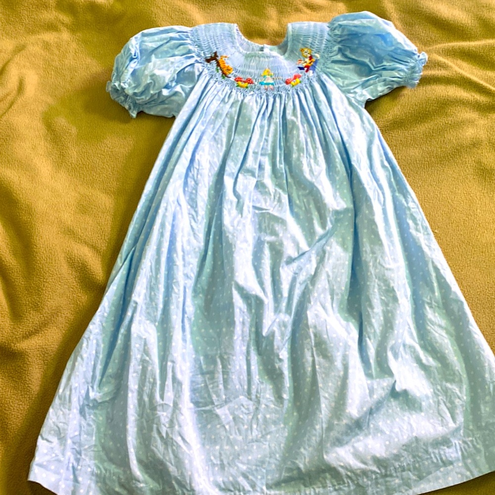 Light Blue Smocked Puff Sleeve Kids Dress